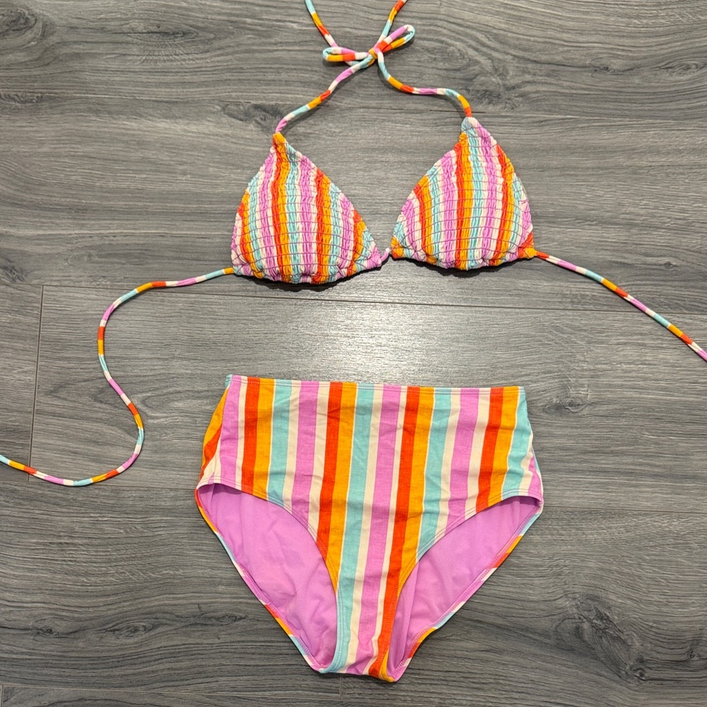 Gianni Bini Striped Multicolor High-Waist Bikini